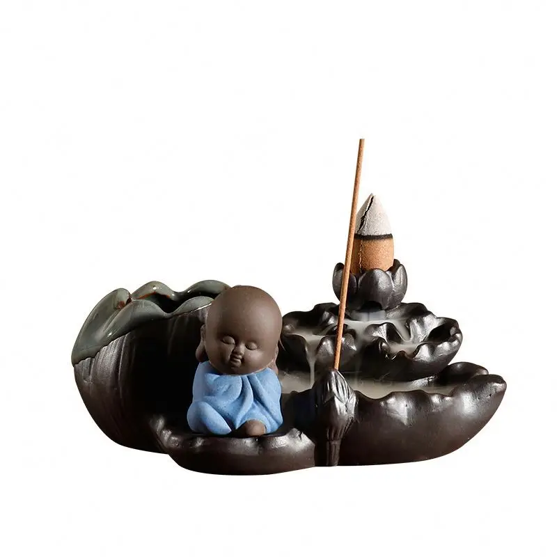 Priestling Little Monk Figure Ceramic Lotus Smoke Backflow Tower Incense Bruner Censer