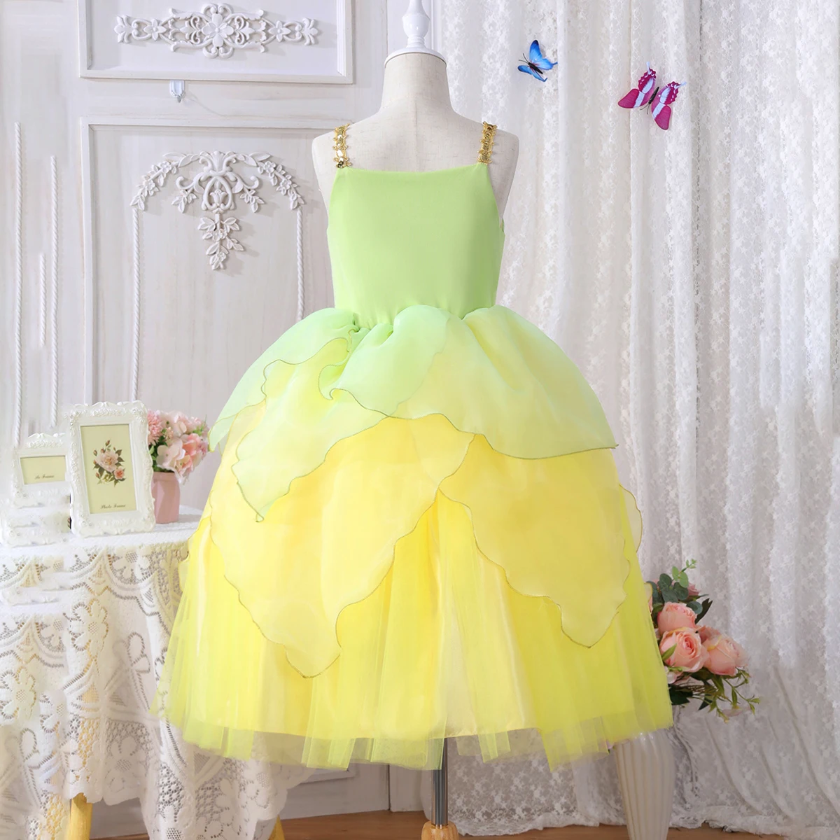 Tiana Princess Dress Girls Halloween The Princess and the Frog Fairy Green Dress Children Birthday Party Costume