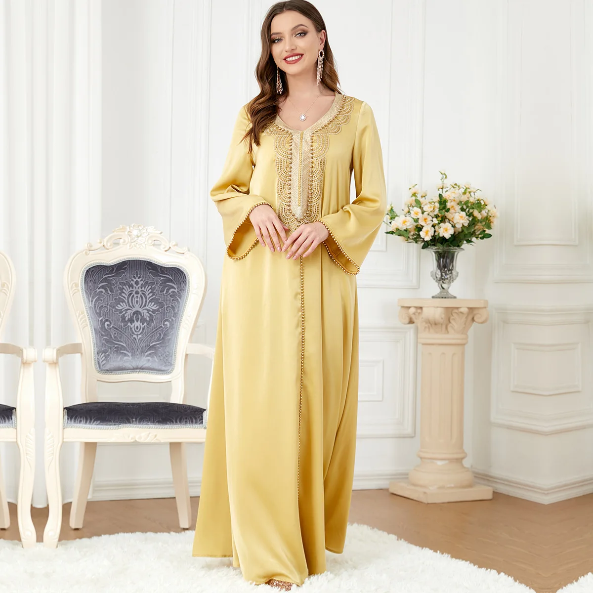 3287Soild O Neck Abaya Women Gold Colours Embroidery Luxury Muslim Dresses Classic Muslim Dress Indonesia