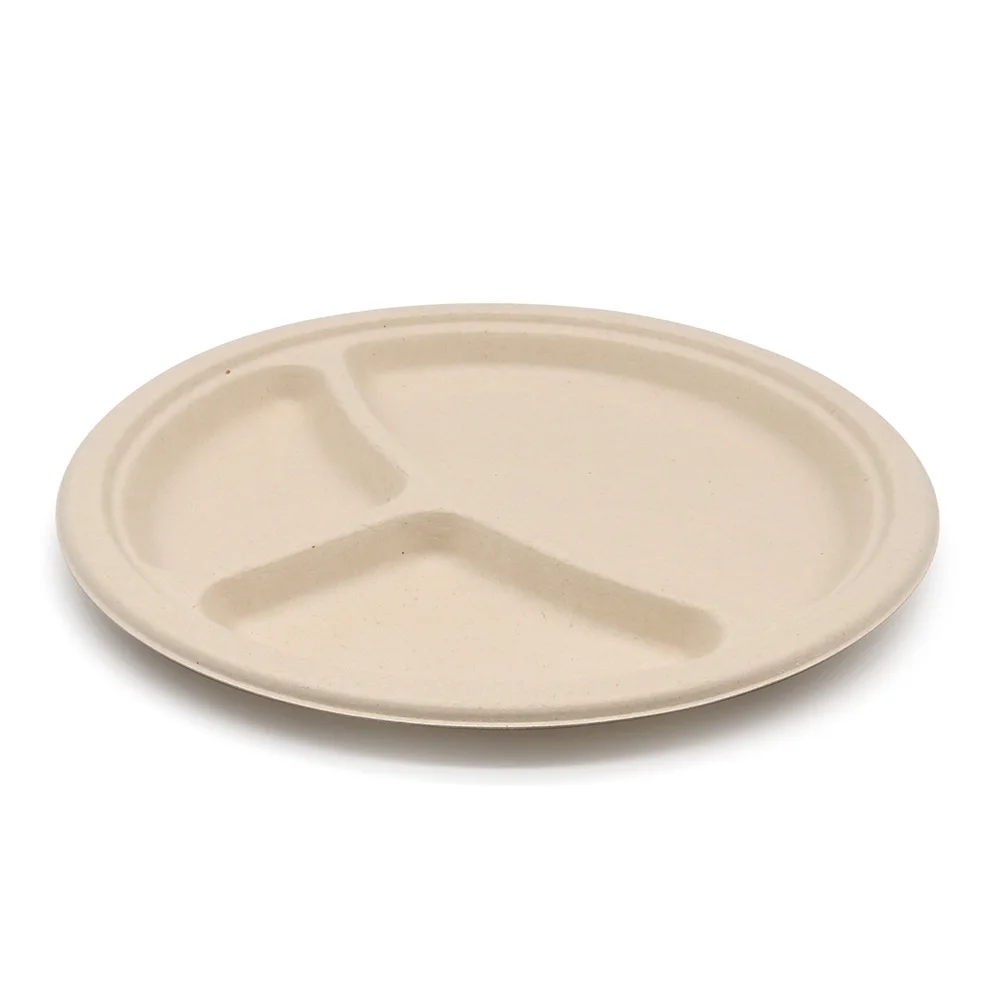 10 Inches 3 Compartment Customizable Microwavable Waterproof Biodegradable Eco Plates Bulk Disposable Hot Food Clear Plates
