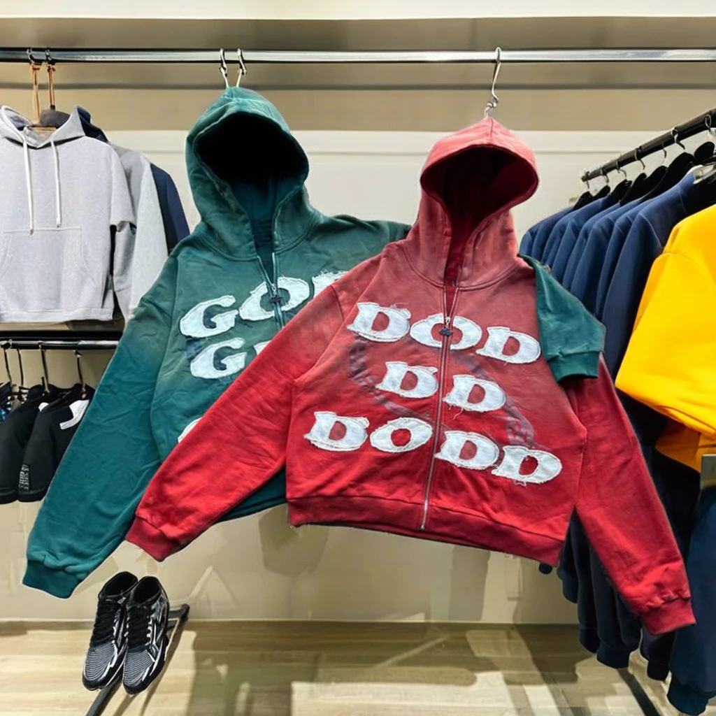 Manufacturers clothing custom distress embroidery knitted sun faded acid wash zip up cropped boxy hoodie for men