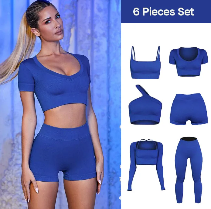 Solid Workout Clothes Running Fitness Sport Suit - Active Wear New Sexy 6PCS Seamless Yoga Gym Set Women