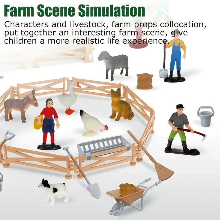 54PCS Pretend Play Scene Model Miniature Farm Animal Barn Toy Kid For Toddlers