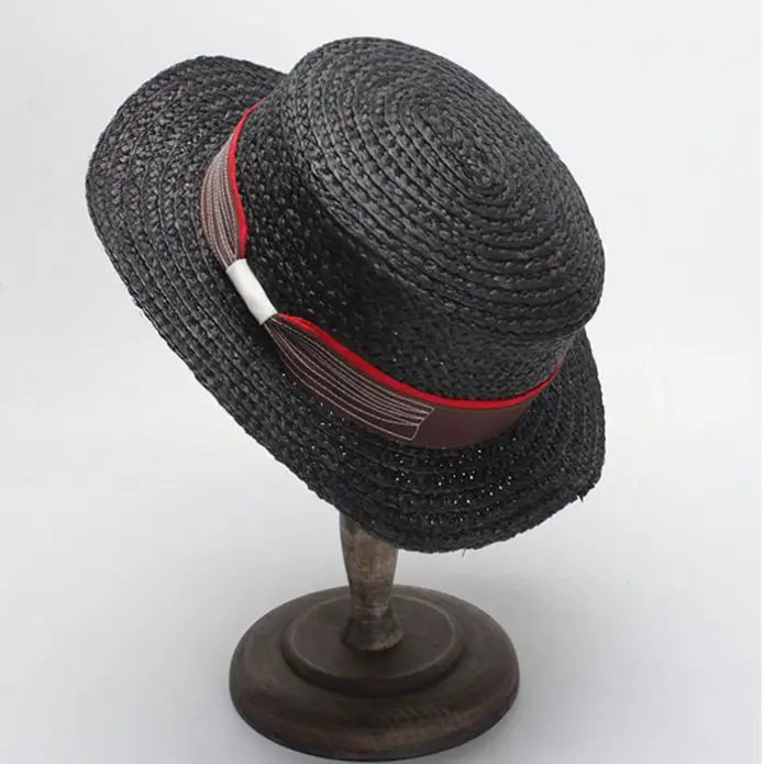 
Women Men Raffia Straw Boater Hats with hand stitching Bow 