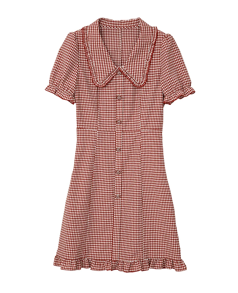 
Summer lovely girl women ruffles elastic short sleeves sweet European lady red check mini dress cf buttons bust turn-down Collar 