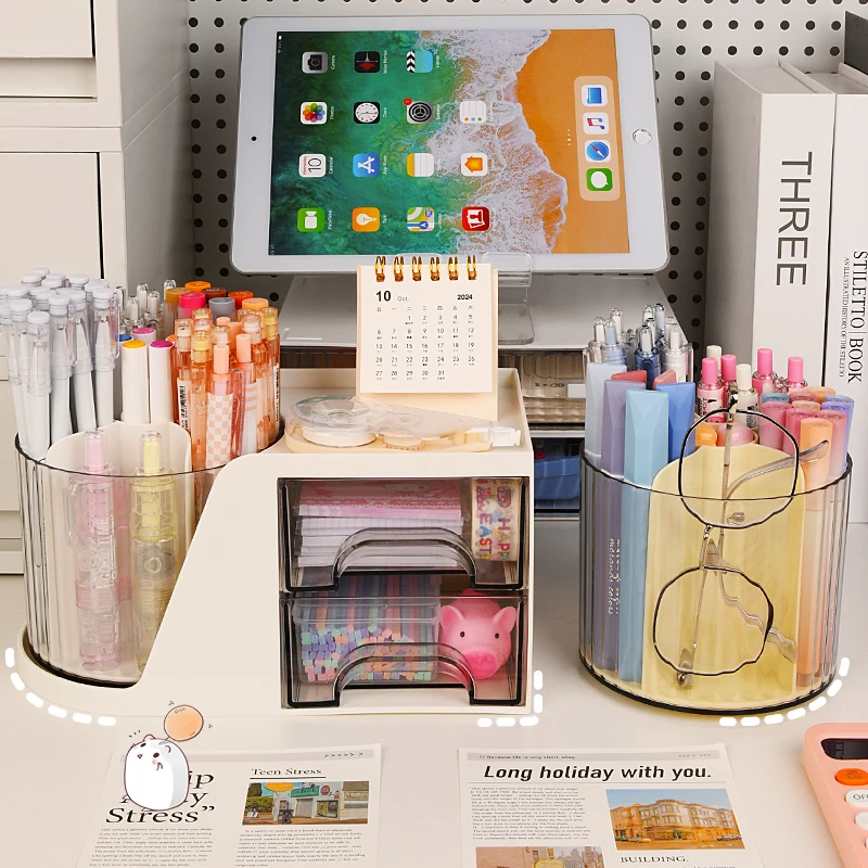 Rotating pen holder large capacity multifunctional office desktop drawer children student storage and organization box