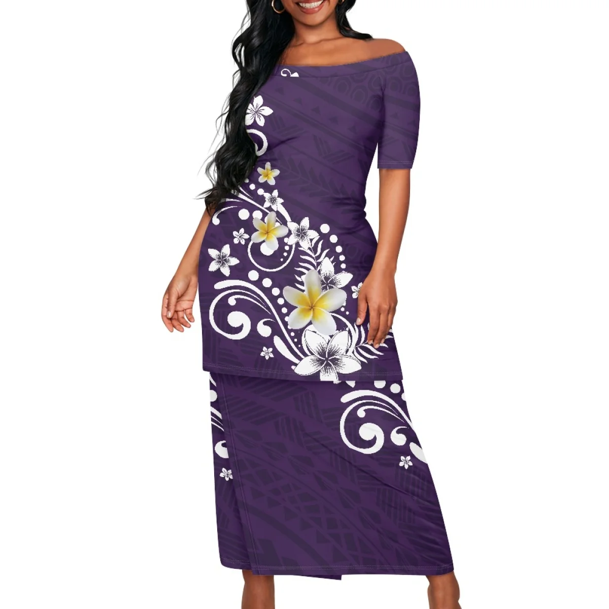 Full Printed Polynesian Plumeria Ladies Island Two Pieces Puletasi Polynesia Samoan Puletasi Two Piece Elegant Dresses Wholesale