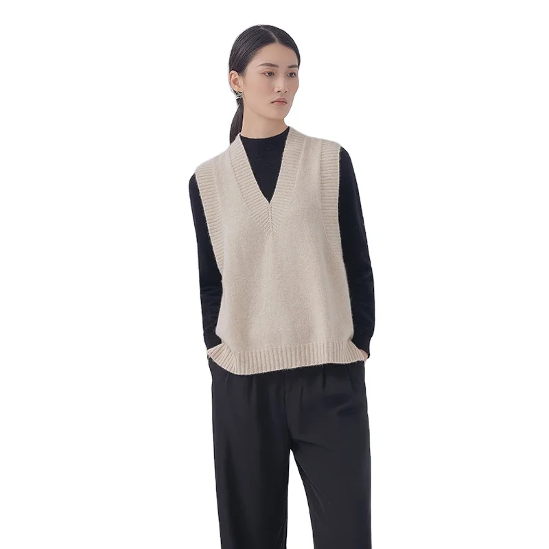 Бесшовный цельный Длинный жилет из чистого кашемира спереди и сзади, женский осенне-зимний Свободный жилет, жилет, вязаный пуловер