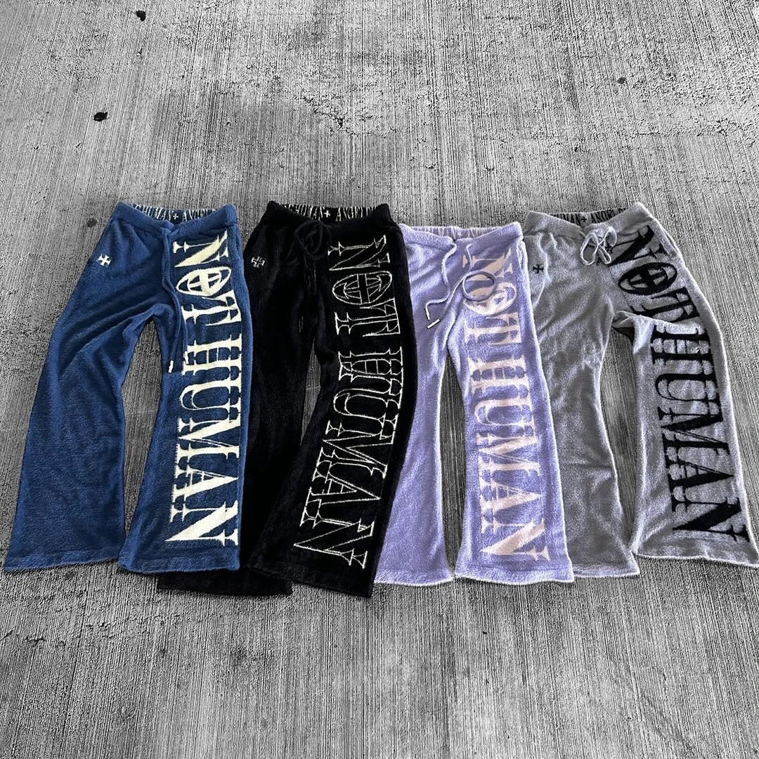 Custom Logo Winter Fashion Men Knit Trousers Fuzzy Baggy Mohair Pants Men Mohair Flared Sweatpants Mohair Flare Sweater Pants