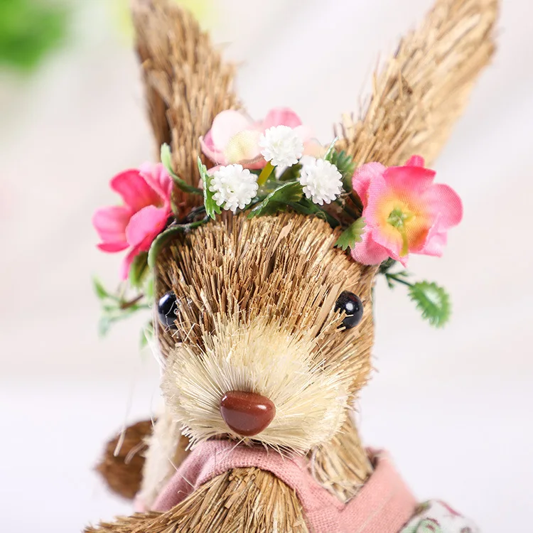 Easter Straw Bunny Figurine Ornament Creative Straw Rabbit Doll with Flower Wreath Apron Standing Figurines Holiday Party Home