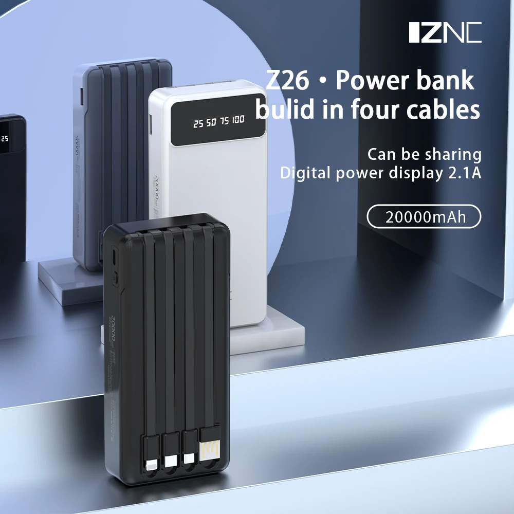 New arrival wholesale portable Built-in cables digital display power banks 20000mah charger