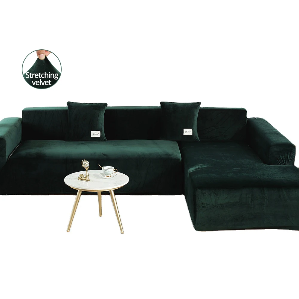 Living Room Sofa Stretchable Velvet Emerald Green Slip Covers for Sectional Sofa