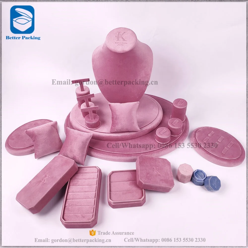 DT015N C Factory customized Blind Stamped LOGO Pink Velvet Jewelry display necklace bust Stand