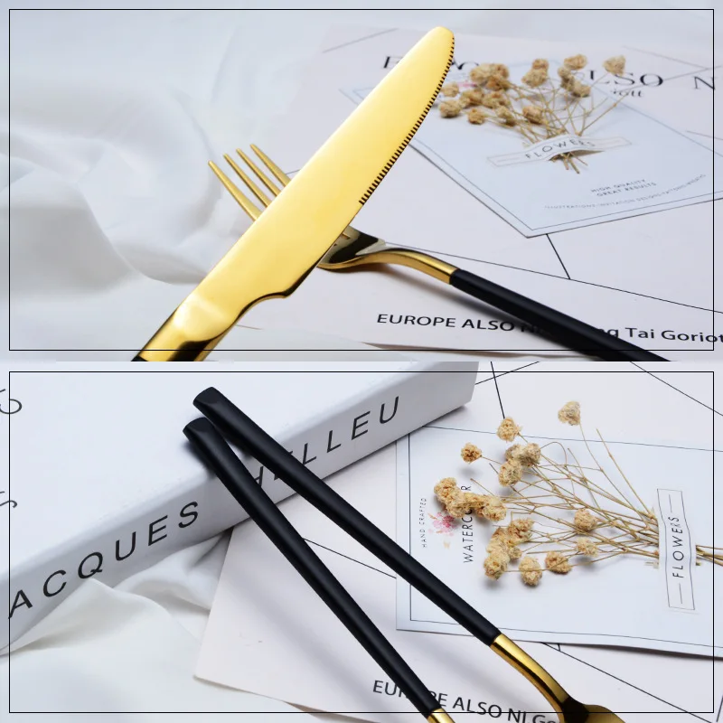 
Western Food Grade Gold Titanium Plated Wedding Cutlery 304 Stainless Steel Table Fork Spoon Knife Hotel Flatware Set 