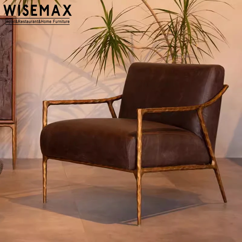 WISEMAX мебель высокого качества современный винтажный медный железный каркас отель элегантный вощеный Кожаный Мягкий тканевый удобный стул для отдыха