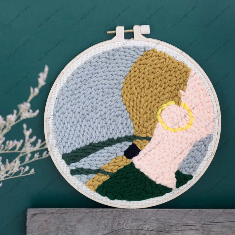 Portrait Long Hair Girl Poke Embroidery Handmade DIY Cross Stitch Poke Embroidery Hoop Punch Needle Embroidery Kit For Beginner