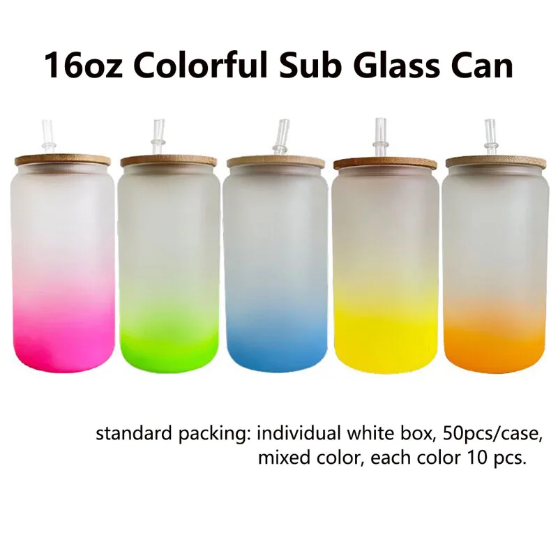 wholesale 12oz 16oz blank sublimation Beer Shaped Glass soda can with bamboo lid and clear plastic straw suitable for drink