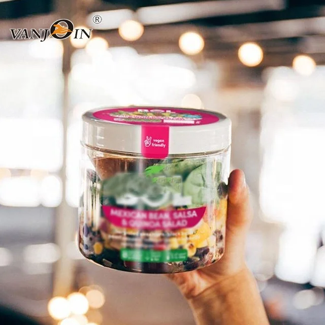 Food Grade PET Material Transparent Round Food Salad Jar 250ml 300ml 500ml 1000ml with Air-tight Lid