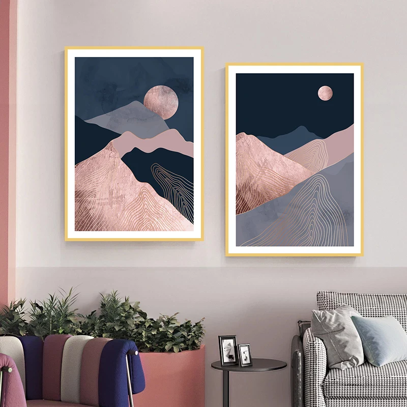 Abstract Sun Moutain Landscape Canvas Painting Wall Art Print Gold Foil Mountain Modern Minimalist Poster Living Room Wall Decor