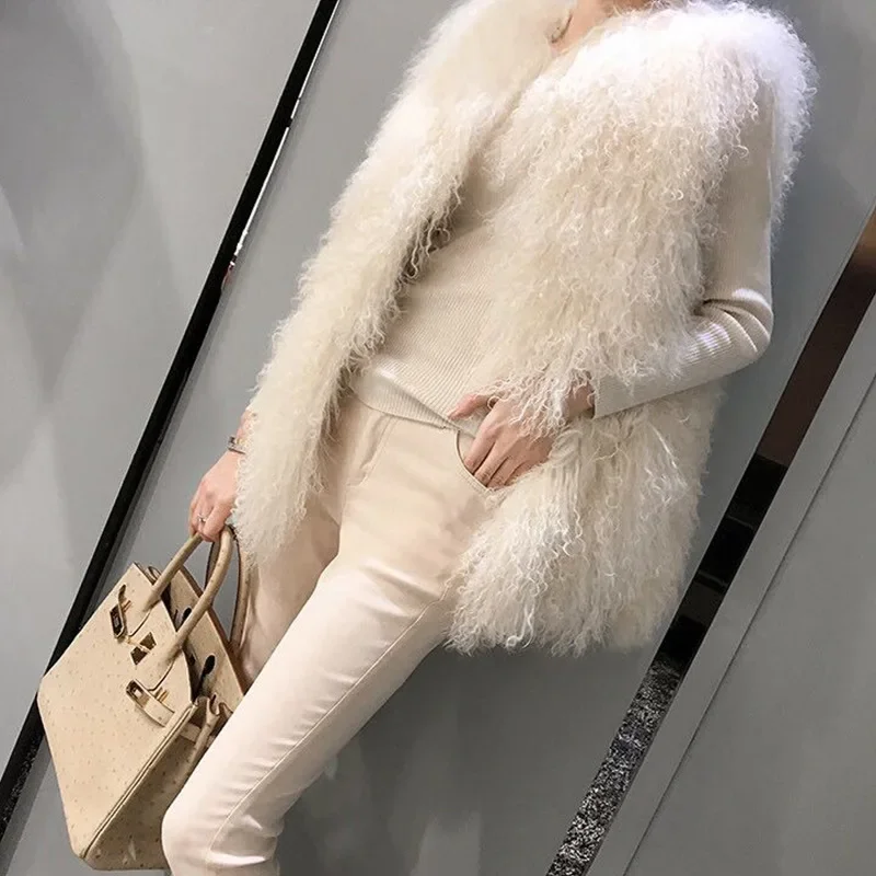 Factory Wholesale New Winter Faux Mongolian Wool And Fur Vest Women Medium Long Fashion Lamb Fur Vest