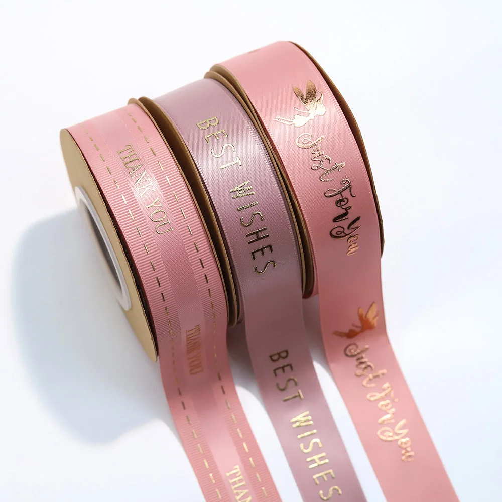 Custom Gift Wrapping Embossed rose gold Printed Recycled 100% Polyester Pink Grosgrain Satin Ribbon With Logo Brand
