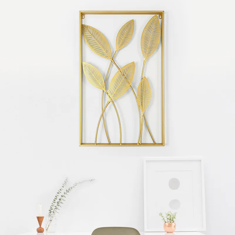 Luxury Rectangle Gold Wrought Iron Ginkgo Leaf Wall Hanging Fashion Wall Art Decoration Easy to Hang