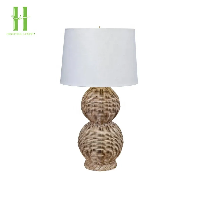 High Quality Handwoven Rattan Table Lamps with White Shades Bedroom Hotel Decoration OEM Acceptable Wicker Lighting Lampshade