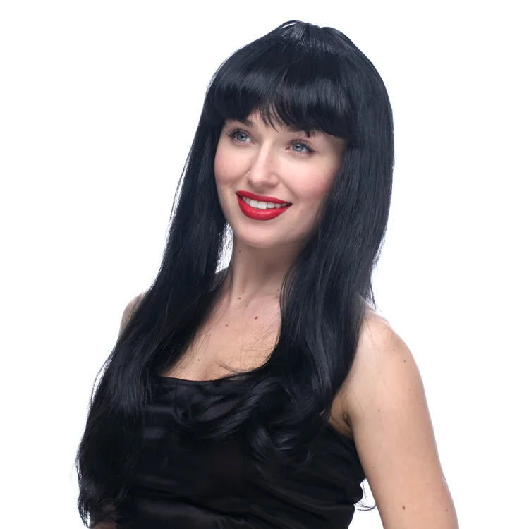 China Hot Selling Cleopatra Black Wig With Bangs Long Straight Synthetic Party Wigs For Ladies