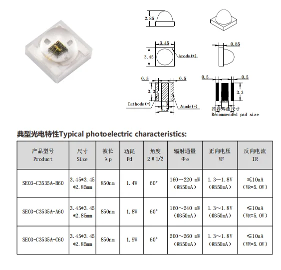 High Power 1w 2w 3w Infrared Diode 740nm 760nm 780nm 830nm 850nm 940nm 980nm 1050nm Smd Ir Led Chip 3535