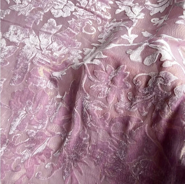 Golden metallic with Silk woven basic grounded shine style Rayon burnout velvet fabric with printing for Ladies fashion garments