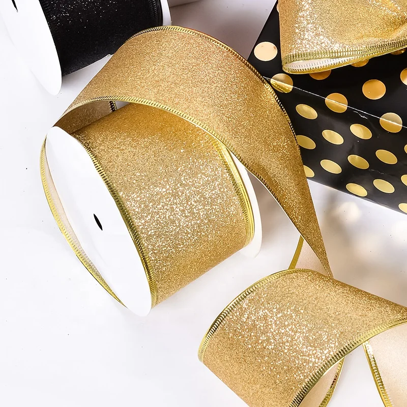 Yama Ribbon Free Sample Stock 2.5inch 63mm 10yards Christmas Wire Edge Glitter Ribbon Roll