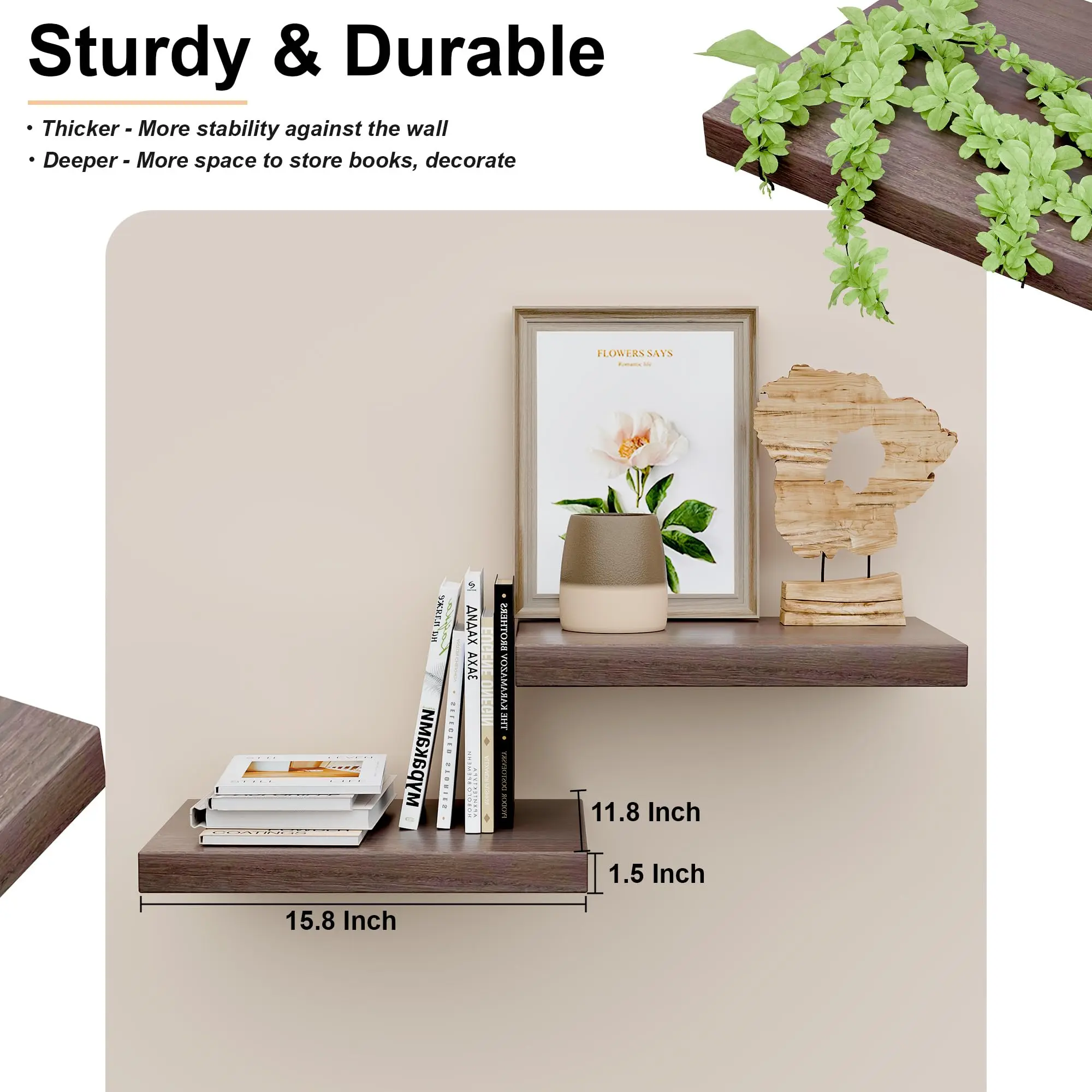 12-Inch Deep Rustic Bathroom Floating Shelves Solid Wooden 16-Inch Long Wall Display Shelves Brackets Live Edge Shelf
