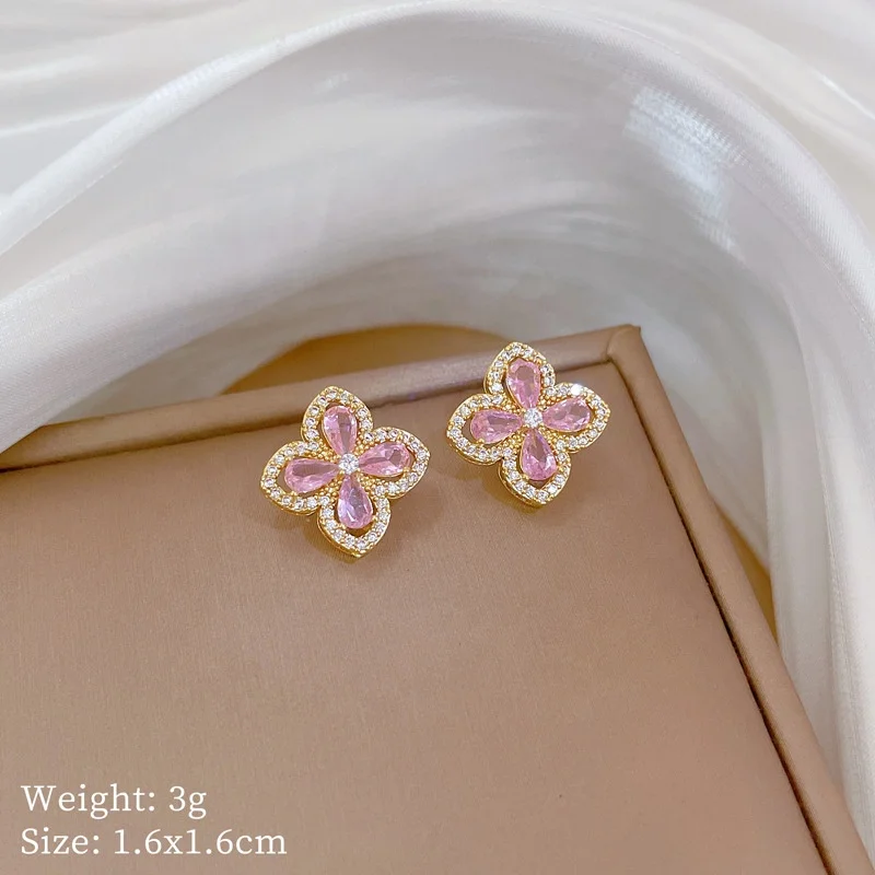 High Quality Jewelry 4 Four Leaf Clover Flower Austria Crystal Earring Stainless Steel 18K Gold Plated Kundan Jewelry Set Indian
