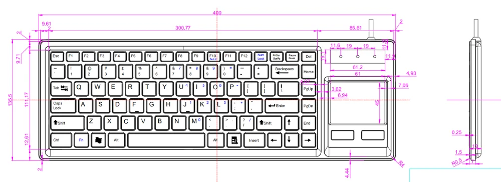 
DX-87B wired USB integrated industrial keyboard with trackball touchpad keyboard 