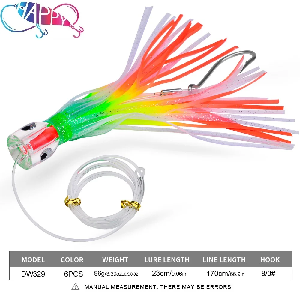 6colors Jig Head Squid Baits 9inch 96g Trolling Lures Octopus Skirts Baits Saltwater Big Game Marlin Trolling Fishing Baits