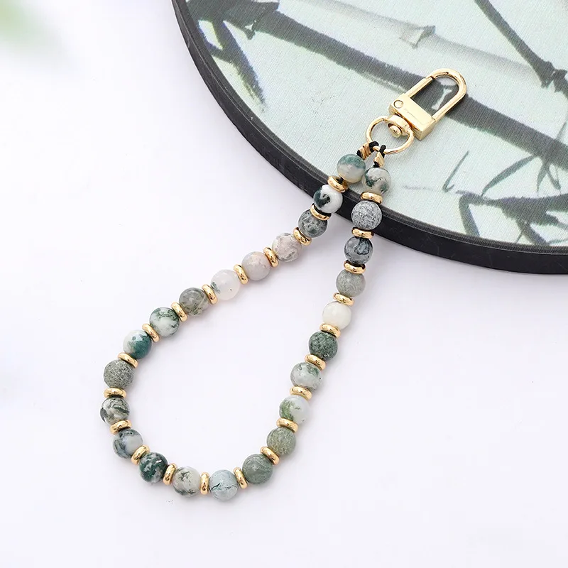 Natural Crystal Stone Beaded Mobile Phone Chains Amethyst Powder Obsidian Phone  Lanyard Wrist Strap Keychain