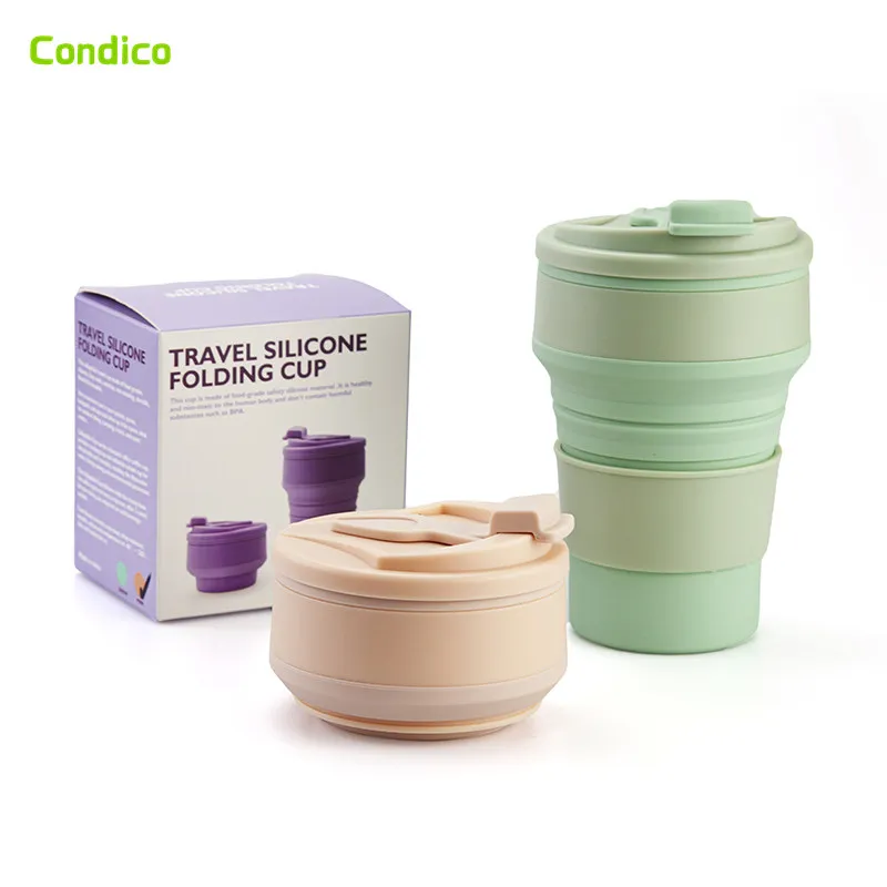 Customize 350ml Portable Eco Friendly Collapsible Travel Drinking Coffee Mug Silicone Foldable Coffee Mug Cup With Lid