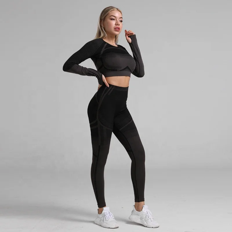
2021 Workout Sports Suit Fitness Clothing Seamless Leggings Long Sleeves Yoga Set For Women 