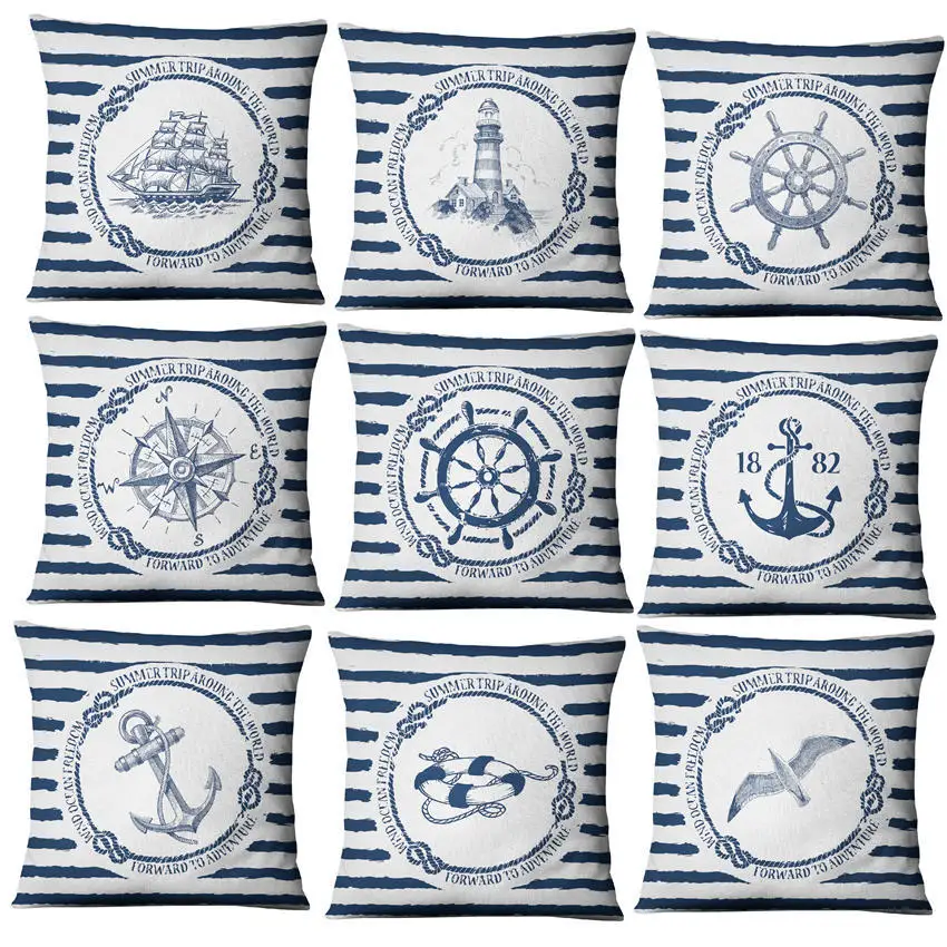 Ocean Nautical Anchor Blue White Striped Square Pillow Covers Linen Cushion Case for Home