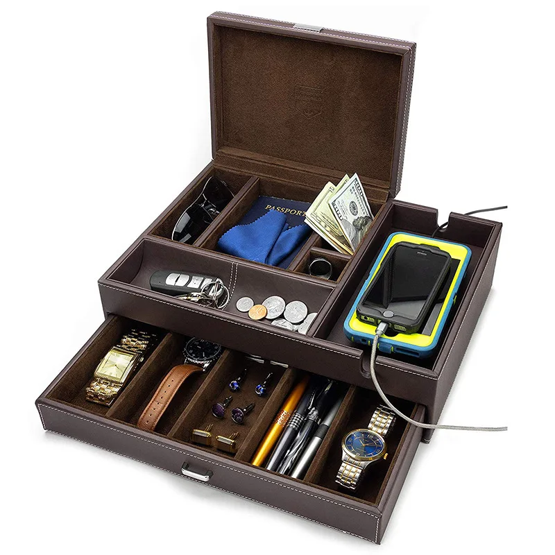 Valet Box & Mens Jewelry Box Organizer with Large Smartphone Charging Station