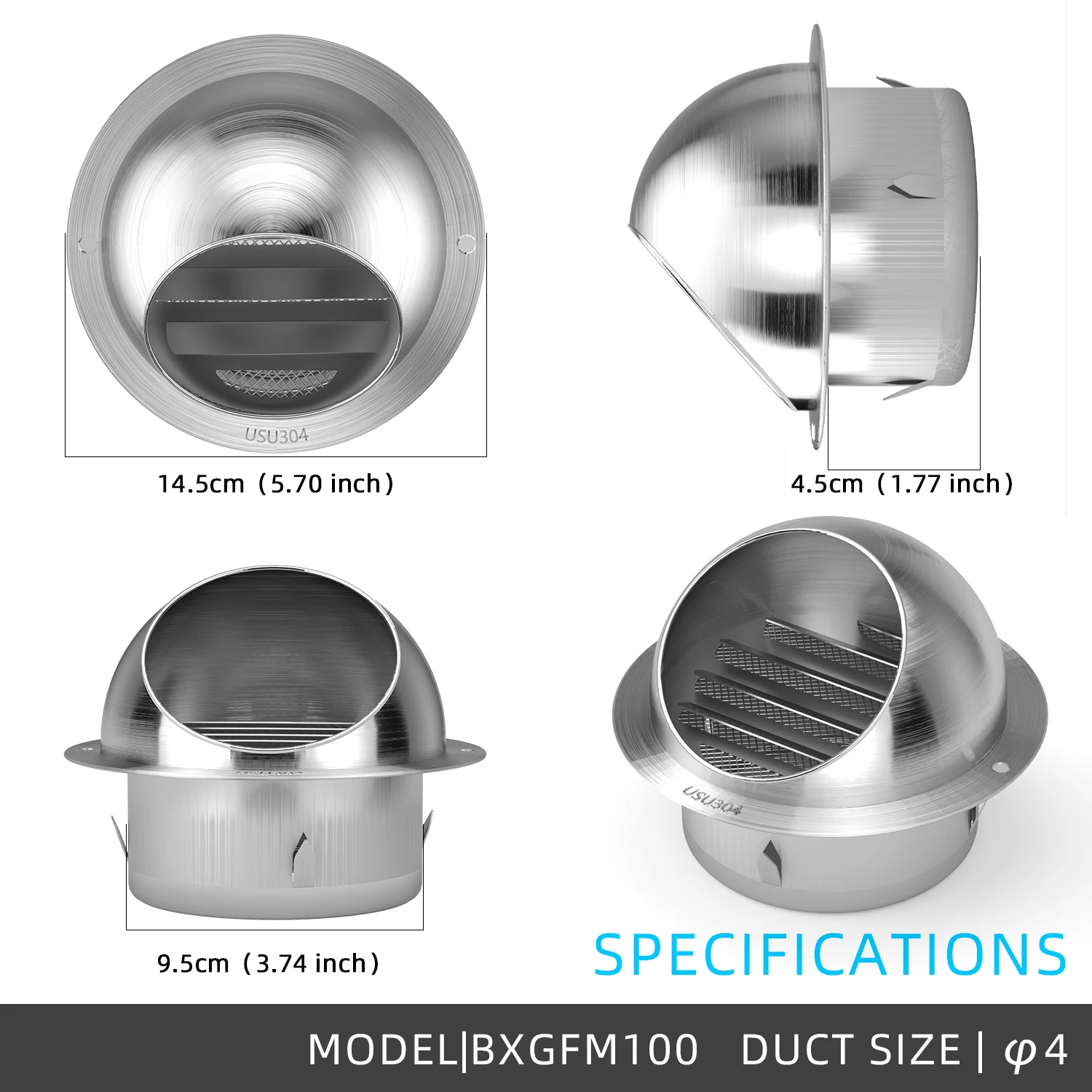 304 Stainless Steel Wall Vent Outlet with Built-in a Fly Screen Mesh for HVAC Ventilation