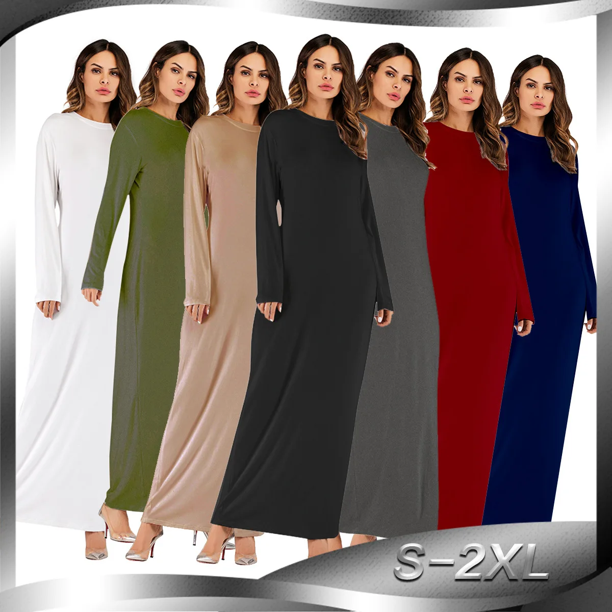 Mid East Hottest Solid Color Robes Plus Size Muslim Dresses Women Casual Abaya Crew Neck Shirts Islamic Maxi Dress With Pocket