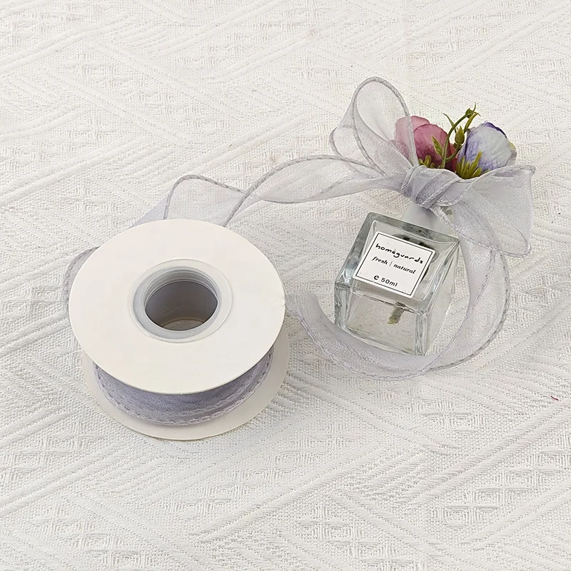 Custom Hologram Sheer Chiffon Silk White Pink Yellow Organza Ribbon For Wedding Bouquets Wrapping