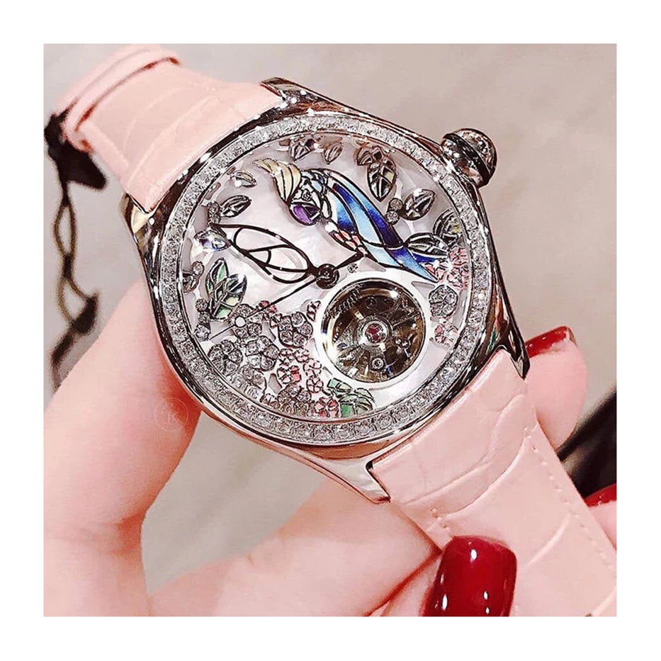 Luxury cow leather strap diamond skeleton waterproof lady mechanical  automatic watch
