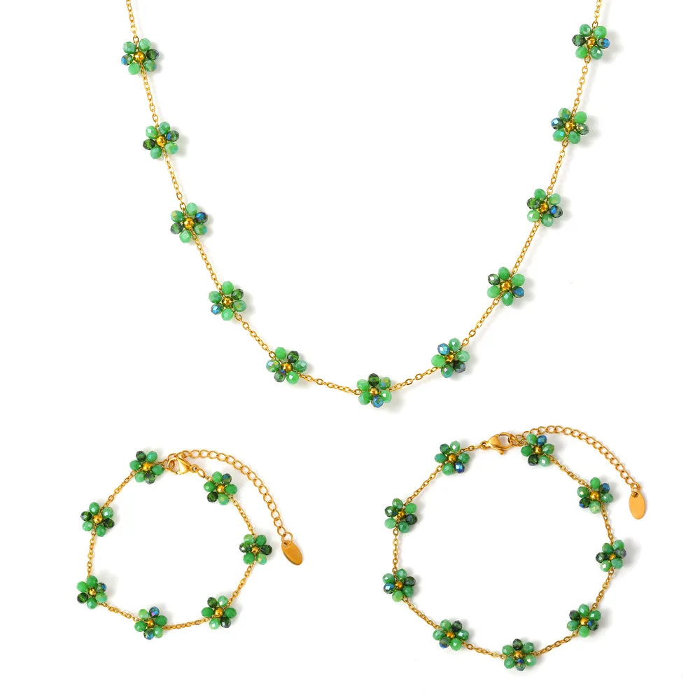 Fashion Style Colorful Flower Beaded Choker 316L STainless Steel Gold Plated Charm Bracelet Necklace Anklet Jewelry suit