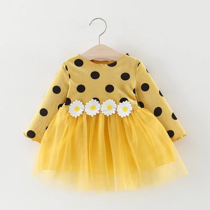 
Spring Infant Baby Girls Long Sleeve Polka Dot Daisy Flower Cotton Dress Clothing 