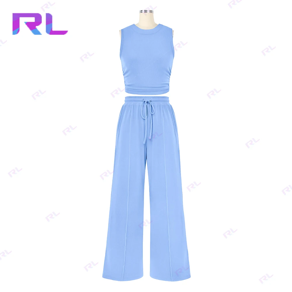Custom Women Clothing Summer Outfit Casual 2 Piece Suits Knitted Fitting O-Neck Top and Loose Wide Leg Pants Set for Women