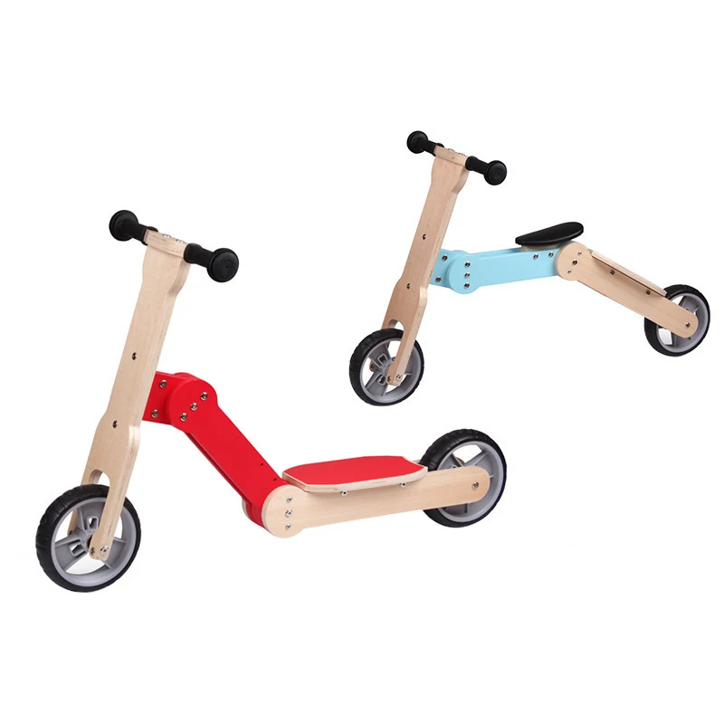 2 in 1 Wooden Balance Bike 2 Wheels Pu Leather Cushion Kids Kick Foot Scooter