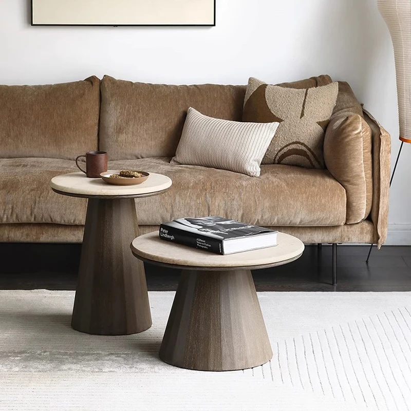 Guanmay Custom Natural Travertine Top Wood Base Coffee Table White Round Side Table Modern Coffee Center Table