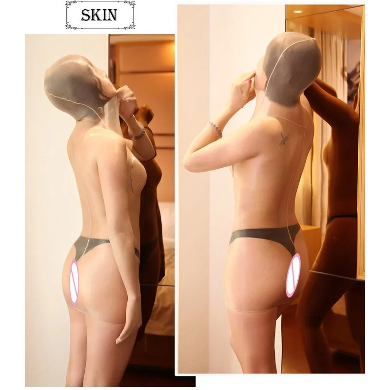 1D Oil Shine Totally Encased Long Sleeve Shirt Bodysuit For Both Men & Women Unisex with Thin and Sexy Stockings Material 1388